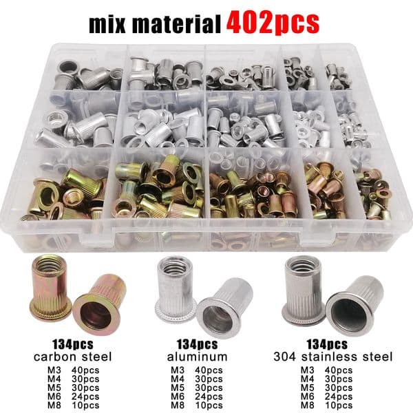 1 Box 70/205/402pcs M3 M4 M5 M6 M8 304 A2-70 Stainless Steel Carbon Steel Aluminum Flat Head Rivet Nut Rivnut Set Assortment Kit