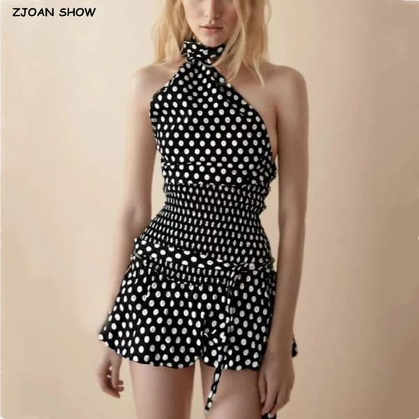 Sexy Black White Polka Dot Halter Tank Top Tie Bow Sashes Elastic Waist Ruched Ball Gown BUD Mini Skirt 2 Pieces 1 Set 250709