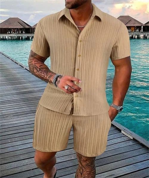 Mens Solid Color Loose Short Sleeve Shorts Suit Sports Striped Fitness Casual Top Beach Summer Fashion Trend 250708