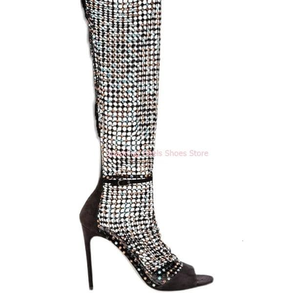 Sexy Womans Rhinestone Knee High Mesh Boots Pointed Toe Female Back Zipper Breathable Peep Toe Summer Sandal Boots Shoes 250708BJ