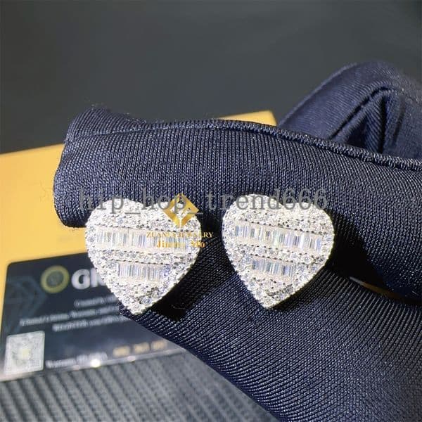 Unique 12.9mm Hip Hop Earring S925 Silver Iced Out Jewelry Heart VVS1 Baguette Moissanite Diamond Men Cluster Stud Earrings