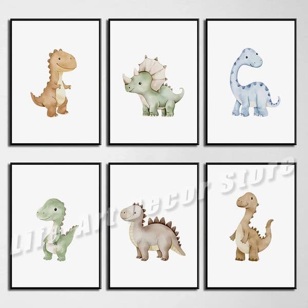 Watercolor Dinosaur Cartoon Posters and Prints Cute Dino Canvas Painting Wall Art Picture for Kids Room Nursery Decor Gift