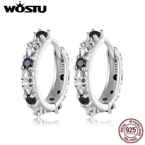 WOSTU Solid 925 Sterling Silver Black Zircon Onyx Hoop Earrings For Women Iris Flower Vintage Style Ear Clips Party Jewelry Gift
