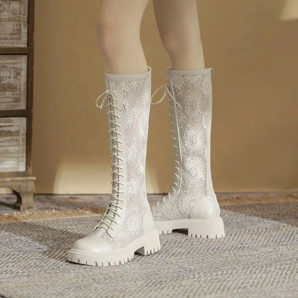 Womens summer mesh boots thin version 2025 mesh breathable white thick sole versatile long boots hollow cool boots 250708