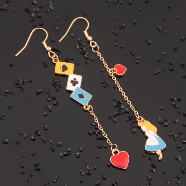 Cute Romantic Drop Earrings Wonderland Princess Heart Poker Long Earrings for Women Girl Jewelry