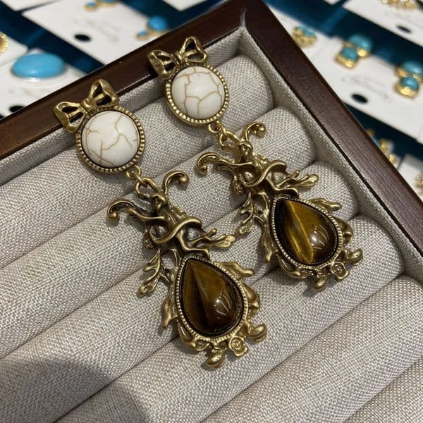 Women Antique White Turquoise Vintage Metal Bow Drop Earrings 250707BJ