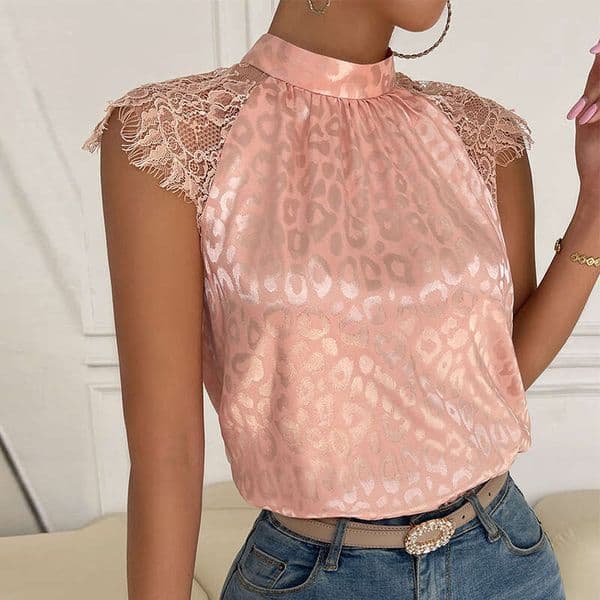 Women's Fashion Summer Style Shirt Leopard Print Half High Collar Blouse Lace Sleeve Pullover B5