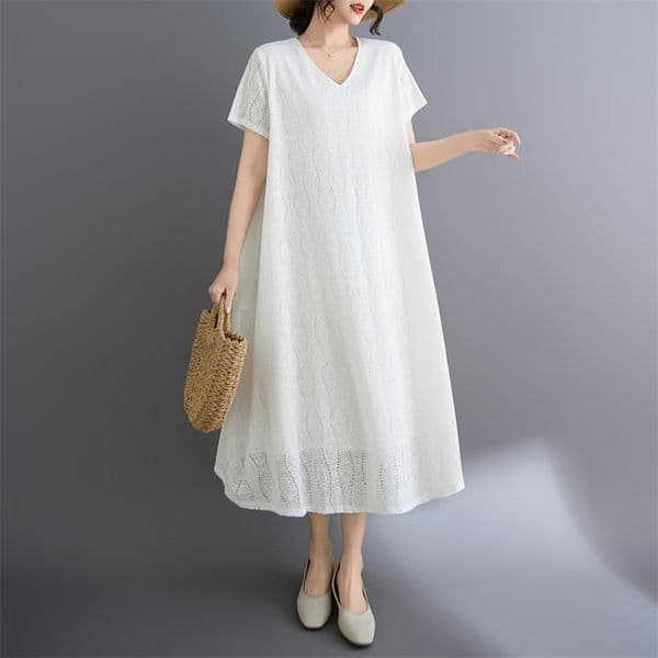 173 Spot 2025 New Korean Foreign Trade Tourism Holiday Style V-neck Large Size Lace Dress Women