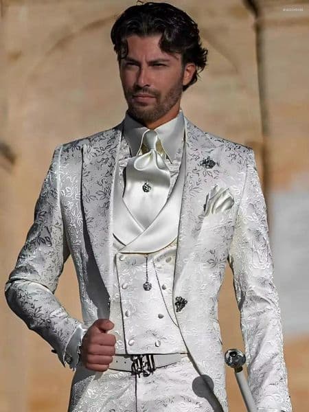 Men's Suits Jacquard Suit 3 Piece Groom Party Tuxedo Wedding Formal Jacket Pants Vest Slim Fit Custom Male