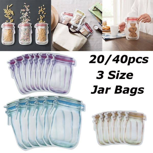 20/40Pcs Reusable Mason Jar Bottles Nuts Candy Cookies Bag Sealed Plastic Home Storage Supply 3 Size Zip Lock Bags New B2