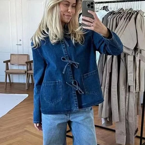 TELLHONEY Women Fashion Lapel Collar Lace Up Blouses Female Casual Long Sleeves With Pockets Solid Denim Outerwear 250708