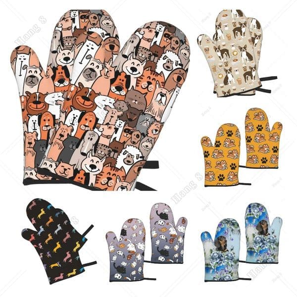 Cats and Dogs Doodle Print Oven Mitts Heat Resistant Kitchen Waterproof Gloves with Inner Cotton Layer for Cooking BBQ Baking
