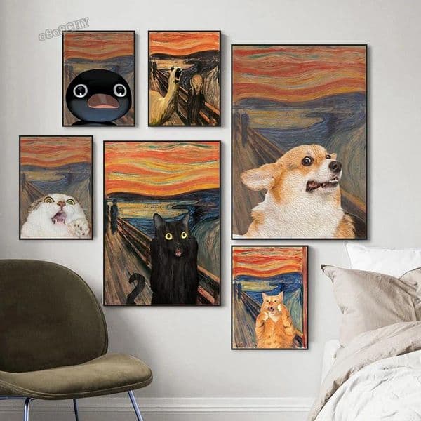 Edvard Munchs The Scream Inspired Funny Cat Dog Canvas Poster Abstract Wall Art for Living Room Decor