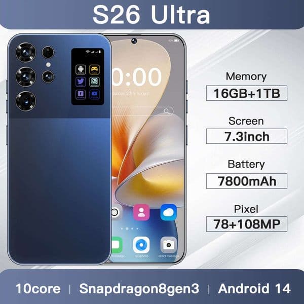 i15 i16 5G Phone S26 Ultra True 4G Octa-Core 16+1TB Middle Punch Hole 7.3inch