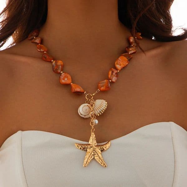 Lacteo Bohemia Orange Geometric Stone Chain Necklace Elegant For Women Gold Color Chunky Thick Star Pendant Ocean Beach Jewelry 250708