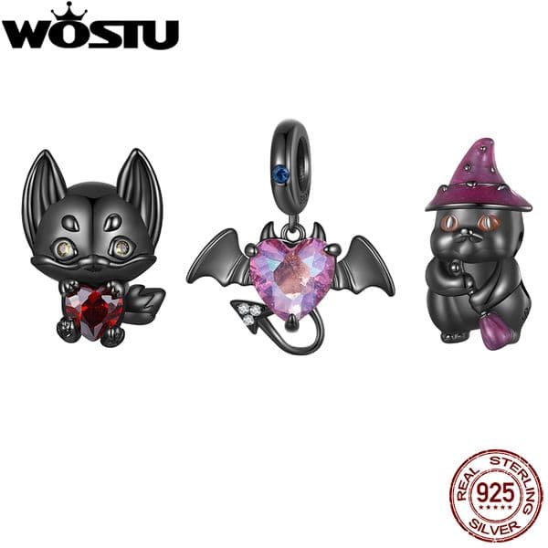 WOSTU 925 Sterling Silver Punk Black Gold Evil Charms Rainbow Crystal Heart Pendant Lovely Cat Beads Fit DIY Bracelets Necklace