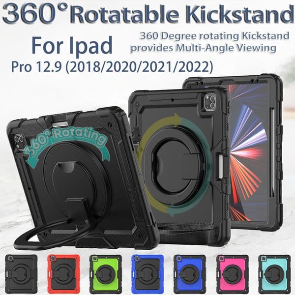 For iPad Case Pro 12.9" 360 Rotating Folding Handle Grip Kickstand Tablet Cover Heavy Duty Hybrid Protective Shell Built in Pencil Holder + Shoulder Strap + PET Film