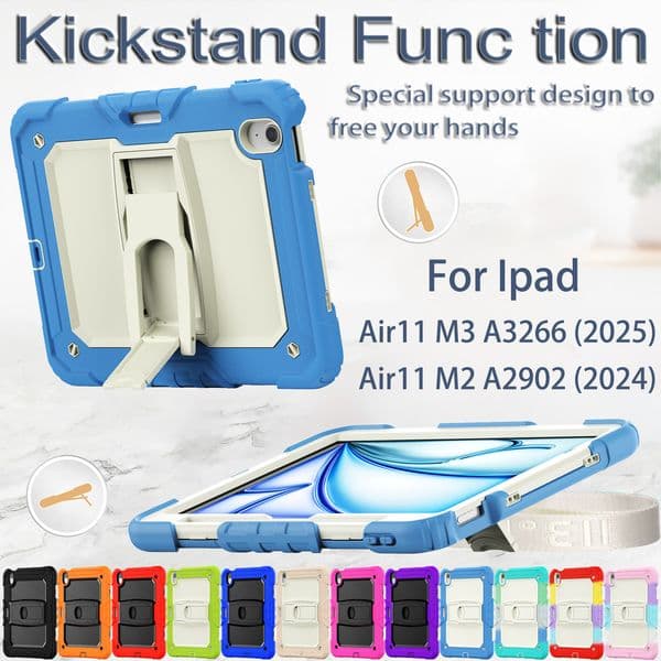 For iPad Air11 M2 Air11 M3 Case Adjustable Kickstand Armor Shockproof PC Silicon Hybrid Tablet Cover with Shoulder Strap Full Body Protective Cases For Kids Adult