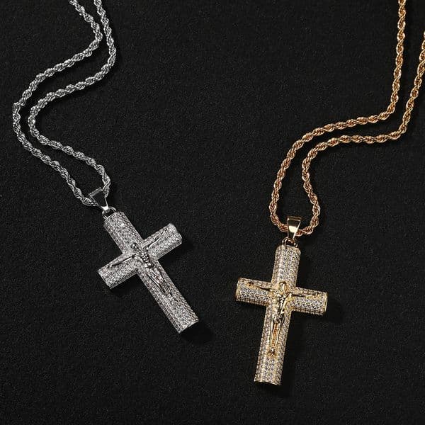 Hip Hop Jesus Cross Pendant Necklace Real Gold Plated Full 5A Zircon Religious Jewelrys
