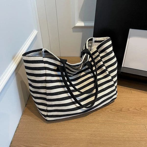 Casual Striped Canvas Bag For Women Large Capacity Daily Shopping Student Bookbag for School Travel Beach Bag 250709