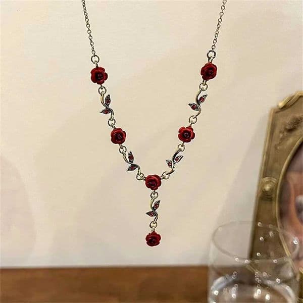 French Retro Bronze Color Y2K Necklace Gothic Red Rose Clavicle Chain Choker Acrylic Flower Pendant Elegant Jewelry Wholesale XJ250709