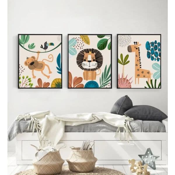 Bohemian Style Nursery Decoration Canvas Painting Wild Animals Giraffe Lion Monkey Cartoon Poster Kids Room Living Room Wall Art