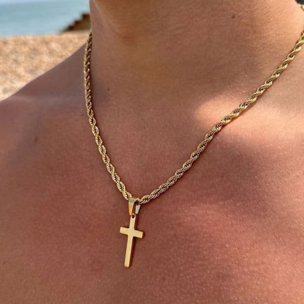 Gold Color Cross Necklaces for Men Boys,Stainless Steel Pendant Necklaces with 50cm Twist Rope Chain,Beach Surfing Jewelry Gift