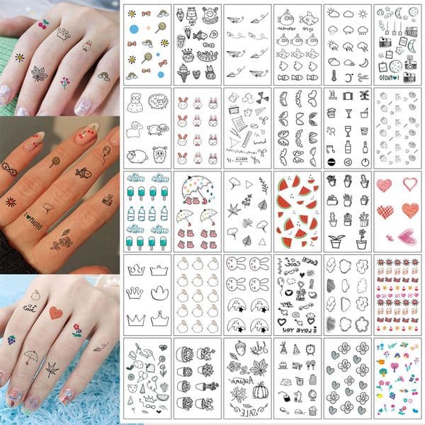30pcs Small Design Temporary Tattoo Stickers for Hand Finger Rabbit Fruit Flower Fake Tattoo for Women and Men Body Decor