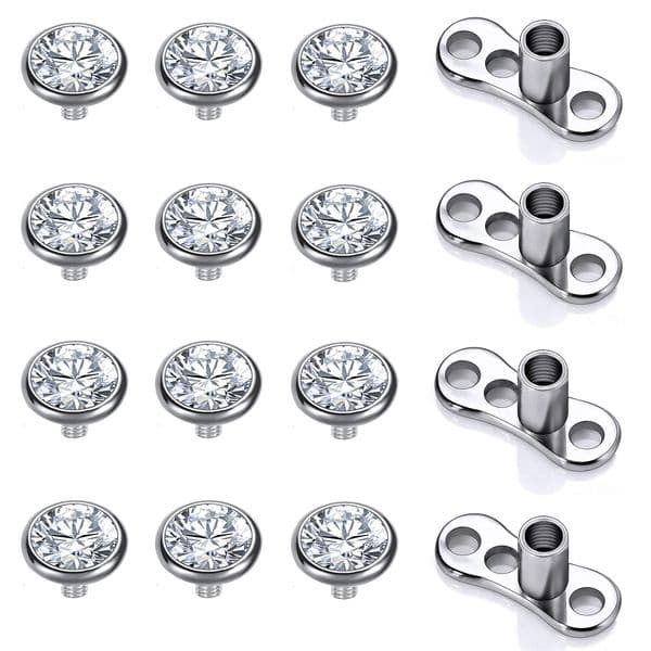16PCS Crystal Dermal Anchor Tops 3-6mm 14G Surgical Steel Surface Piercing Skin Base