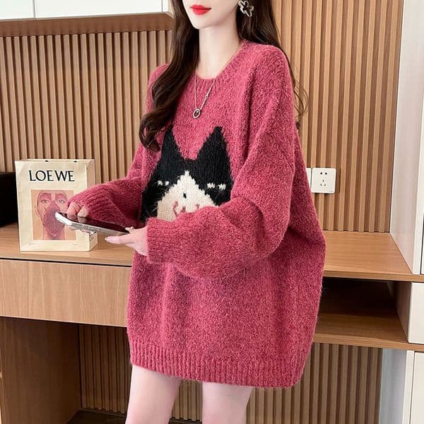 Age Reducing Cartoon Lazy Style Pullover Sweater Women New Autumn and Winter Super Beautiful Fashion Retro Hong Kong Style Top
