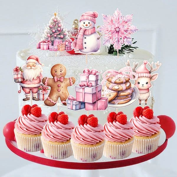 24Pcs Christmas Pink Series Cupcake Topper Snowman Carton Santa Toppers For Merry Xmas Birthday Party DIY Cake Decorations