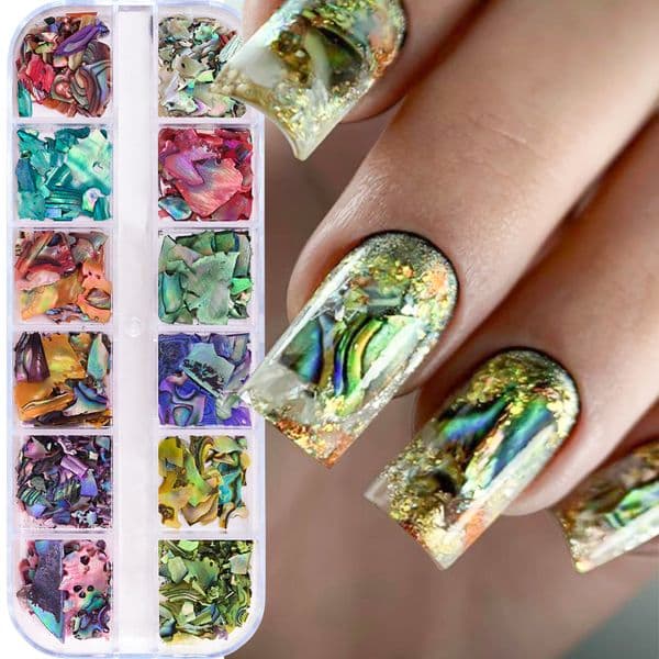 12 Grids Natural Abalone Seashell Slices Nail Charms 3D Irregular Aurora Abalone Flakes Nail Decoration Ocean Series Nail Parts