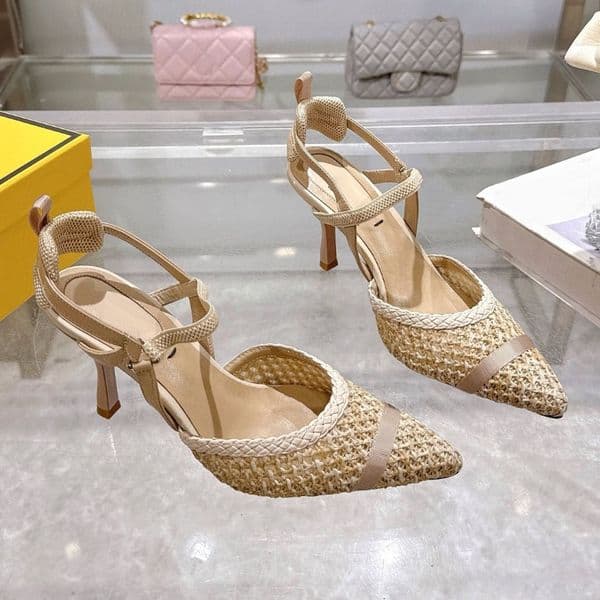 designer shoes Medium-heeled slingbacks Black Nude F fabric luxury Fashion Pointed Toes Toes woven hollow High heels gracefully Ankle Slingbacks evening shoes Box