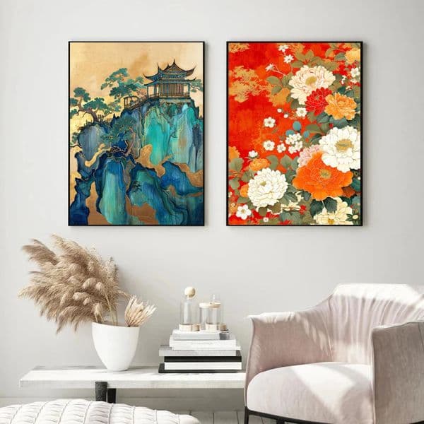 Modern Chinese Style Flower Art Peony Architecture Landscape Poster Canvas Paintings Wall Art Pictures Home Decor