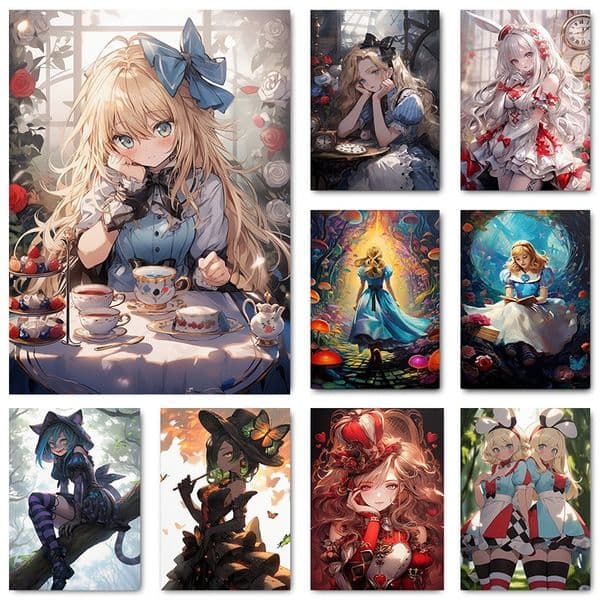 Alice in Wonderland Anime Poster Fairy Tale Series Cartoon Character Canvas Painting Fantasy Wall Art for Living Room Home Decor