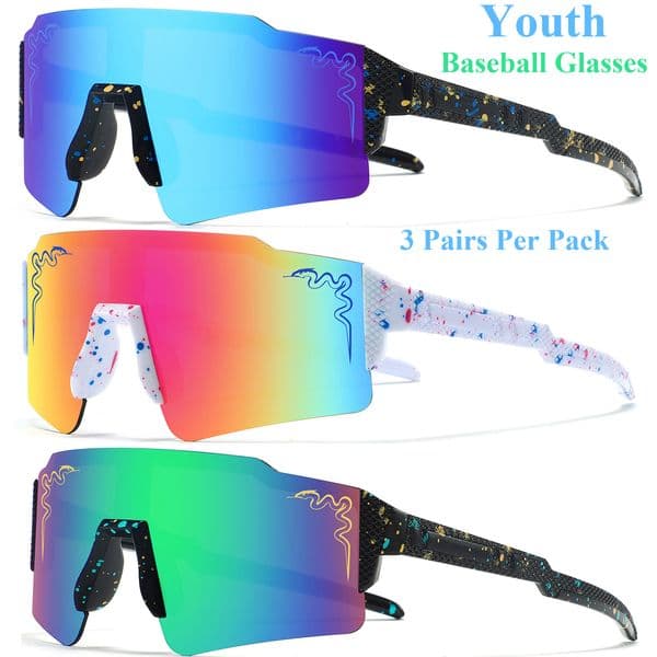3 Pairs Age 5-18 Youth Baseball Sunglasses Boys Girls Glasses Outdoor Sport Cycling Goggles Children Kids Softball Shades
