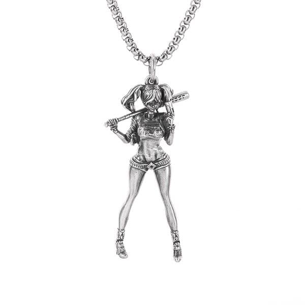 Silver-Plated Sexy Girl Baseball Player Statue Pendant Necklace for Men and Women Fashion Sweater Chain Jewelry Couple Gift