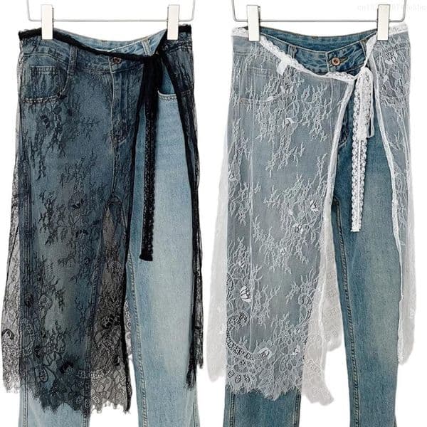 Women Aesthetic Flower Pattern Eyelash Lace Layering Apron Skirt Vintage Tie Up See Through Hip Covering Skirt Overskirt F0T5