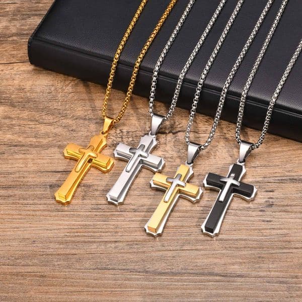 3D Cross Pendant Necklaces for Men Boys,Black Gold Color Stainless Steel Cross Necklace,Hiphop Punk Party Gift