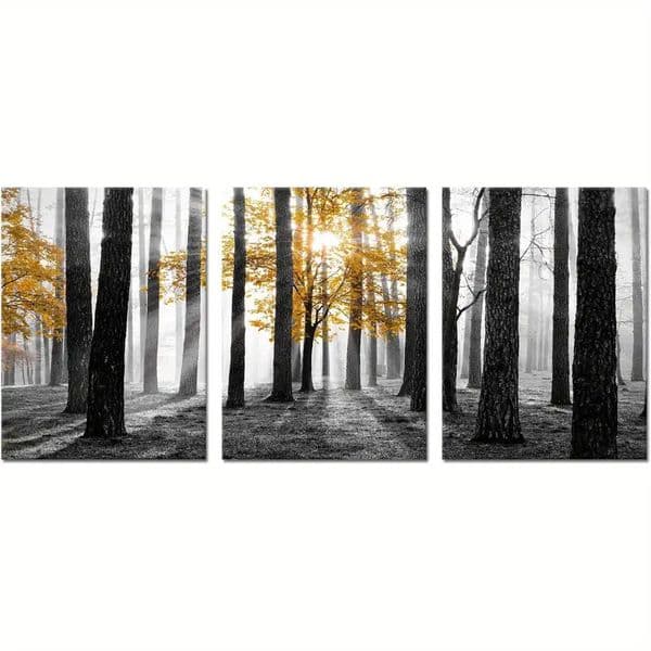 3 pcs Black and white autumn sunrise forest canvas wall art decoration yellow tree autumn nature painting modern living room bed