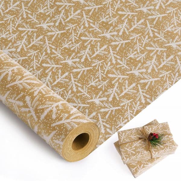 1 Roll Christmas Wrapping Paper Roll, Vintage Kraft Wrapping Paper, 17 Inch x 49 Feet, White Pine Branches Design Gift Wrapping