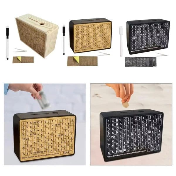 500/1000/2000/3000/5000/10000 Euro Money Box Piggy Bank Wood Money Bank Reusable Money Box with Saving Goal and Numbers Boxes
