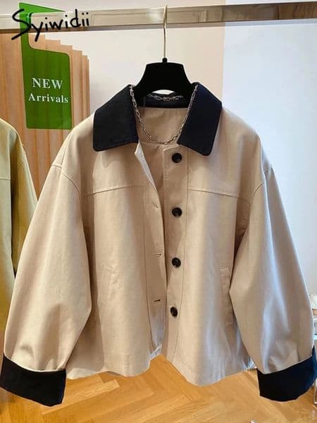 Syiwidii Contrast Color Lapel Jacket Women Casual Loose Long Sleeve Single Breasted Coat 2025 Fashion High Street Jackets 250708