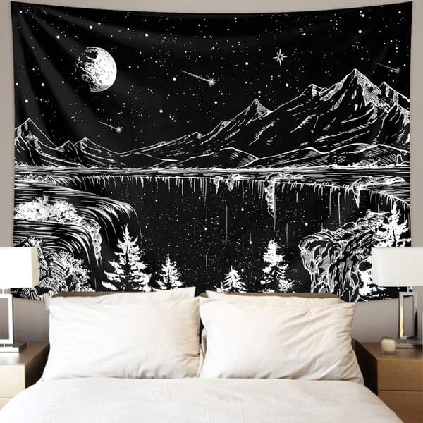 1pc Black and white abstract landscape tapestry, starry night mountain tapestry, bedroom aesthetic moon and star tapestry