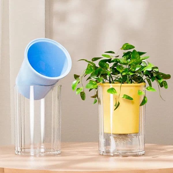 Boho Style Hydroponic Flowerpot Transparent Self Watering Self Watering Flowerpot Plastic Round Shape Transparent Cylinder Vase