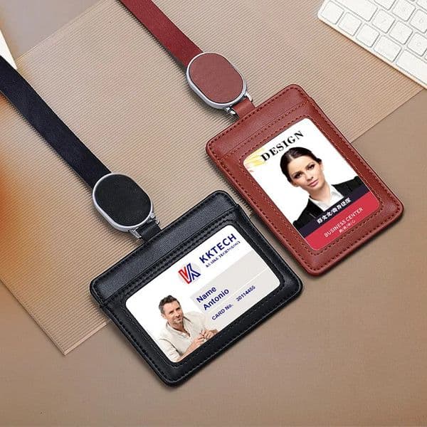 2025 Real Leather Work Card Cases ID Certificate Holder with Retractable Badge Reel Lanyard 250708