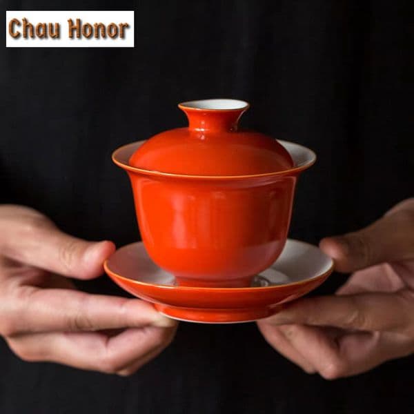 160ml Coral Red Glaze Ceramic Gaiwan Teacup Handmade Tea Tureen Home Porcelain Tea Set Accessories Drinkware Personal Cup Gift