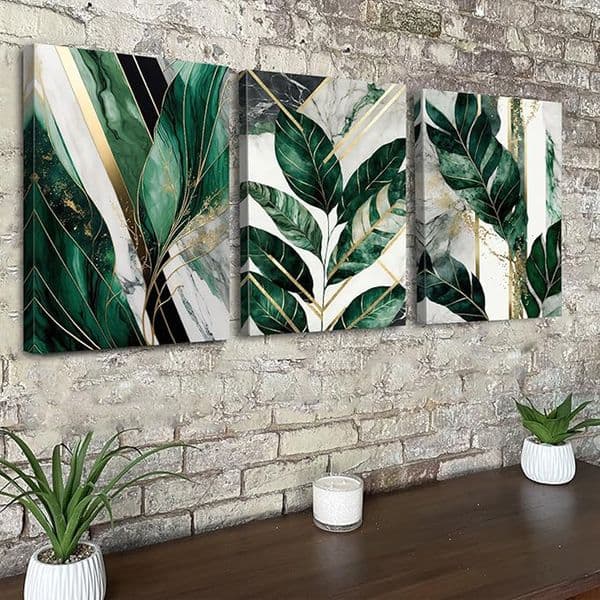 Jade green wall art, tropical plant diamond painting cross stitch, plant leaf mosaic wall decoration, 3 pcs bathroom living room