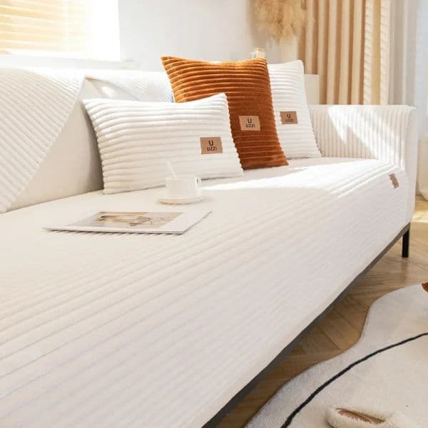 Solid Color Sofa Cover Flannel Straight Stripe Sofas Cushion Thicke Non-slip Couch Cushion Living Room Cream Wind Couch Cushion