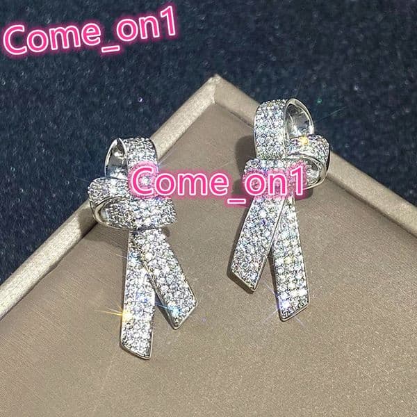 Trendy Bow Design Full Paved Simulate Moissanite Earrings for Wedding Engagement Silver Plated CZ Stud Earrings Women